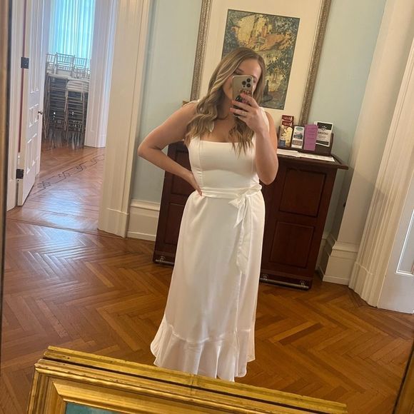 Show Me Your Mumu Garden Ruffle Midi Dress in White Ivory Luxe Satin - Picture 3 of 10